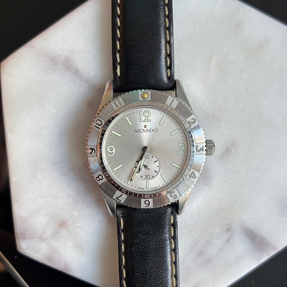 Movado silver dial leather band